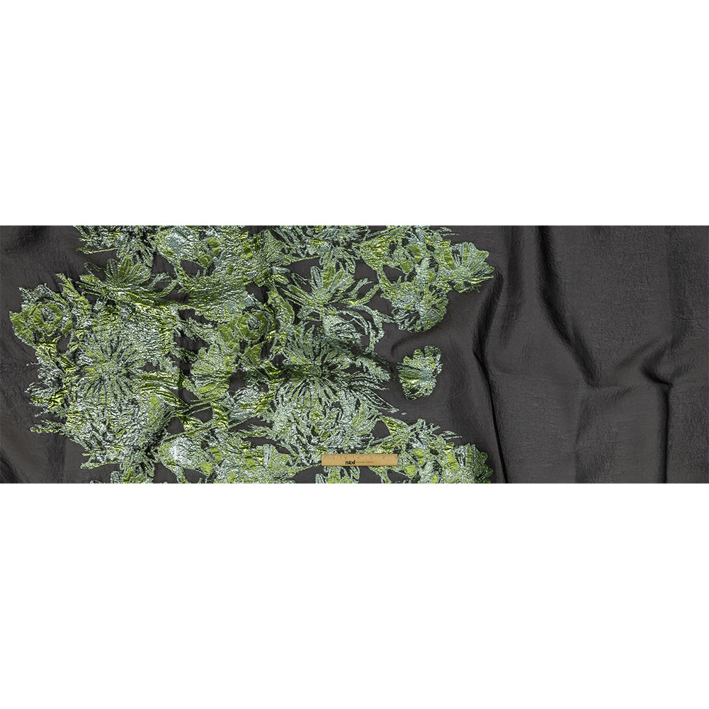 Metallic Leprechaun Dust, Aqua and Black Flashy Flowers Luxury Burnout Brocade