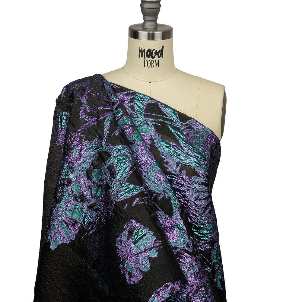 Metallic Mystic Vibes, Mega Marine and Blackened Blue Flashy Flowers Luxury Burnout Brocade - Drape