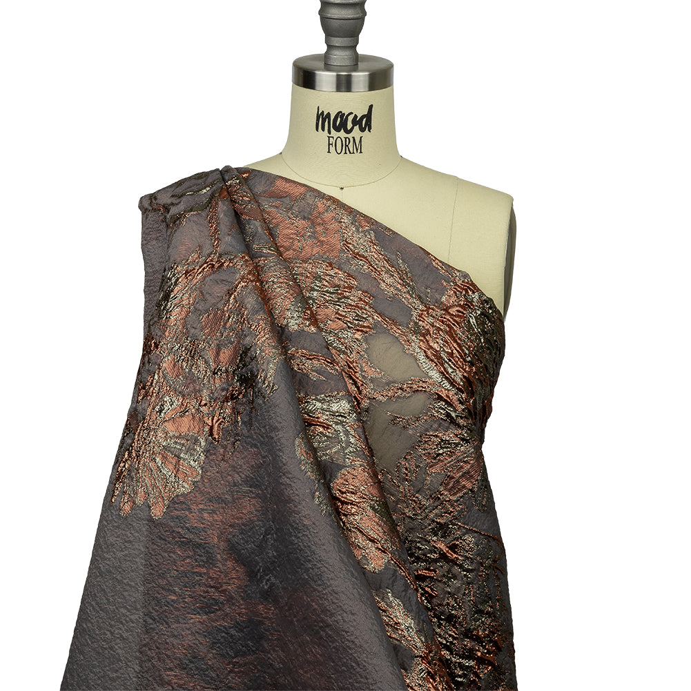 Metallic Coral, Gold and Gray Flashy Flowers Luxury Burnout Brocade - Drape