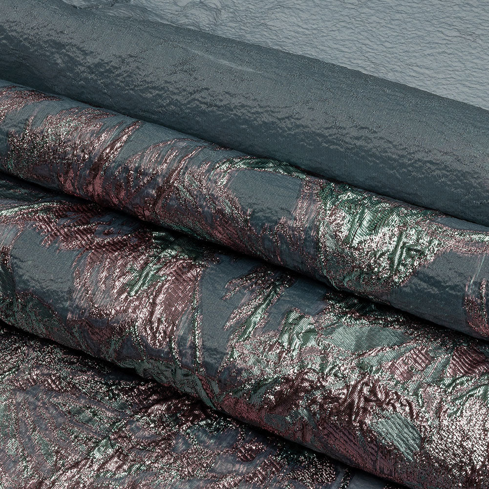 Metallic Pink, Blue Snow and Steel Blue Flashy Flowers Luxury Burnout Brocade - Folded