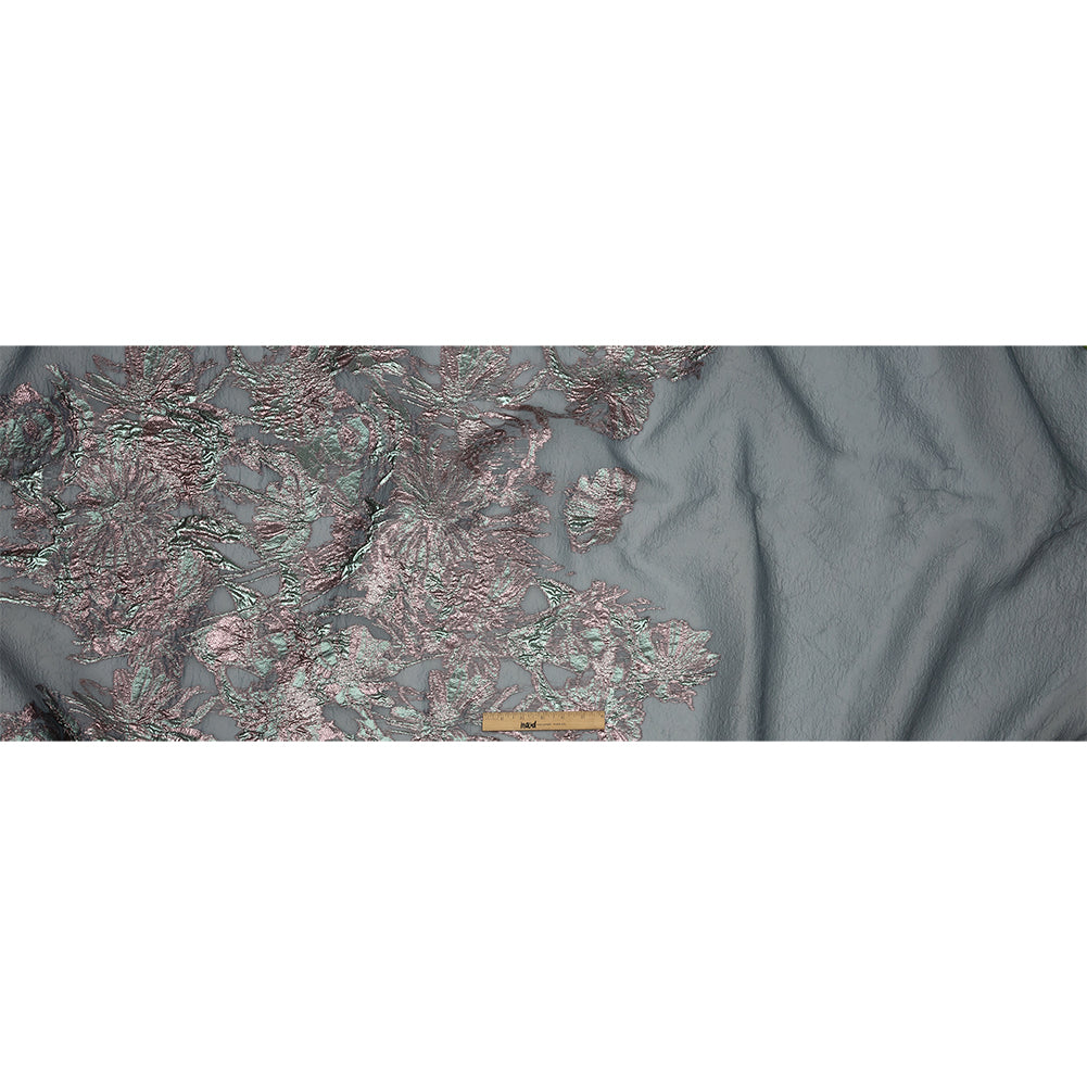 Metallic Pink, Blue Snow and Steel Blue Flashy Flowers Luxury Burnout Brocade - Full