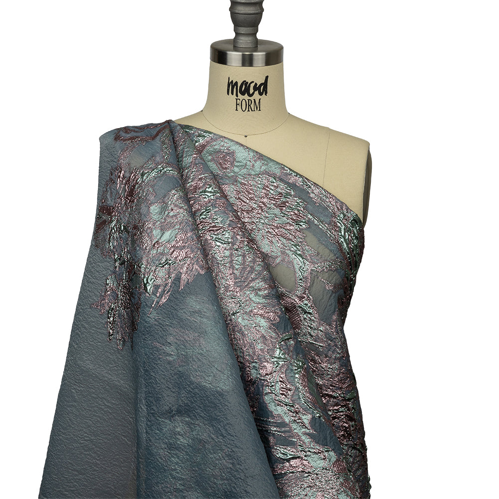 Metallic Pink, Blue Snow and Steel Blue Flashy Flowers Luxury Burnout Brocade - Drape