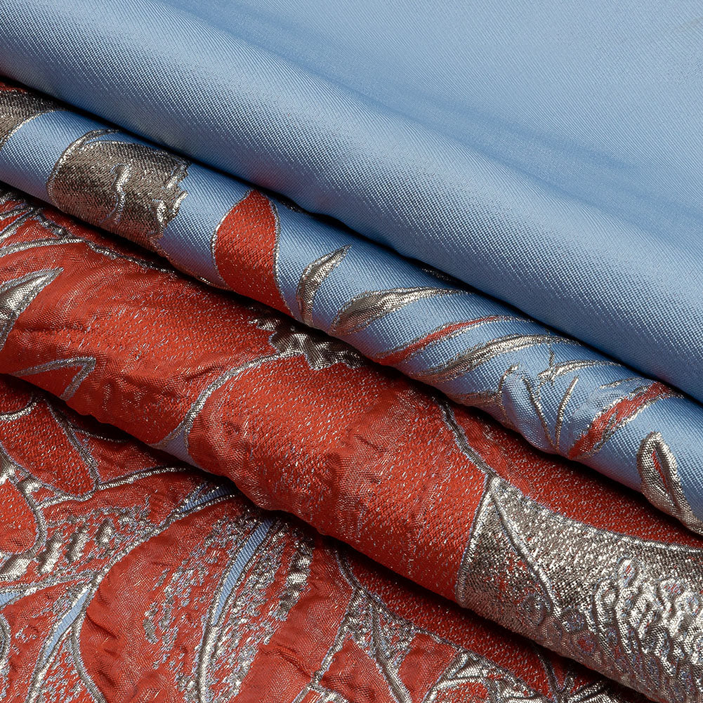 Metallic Silver, Coral and Blue Floral Luxury Brocade - Folded