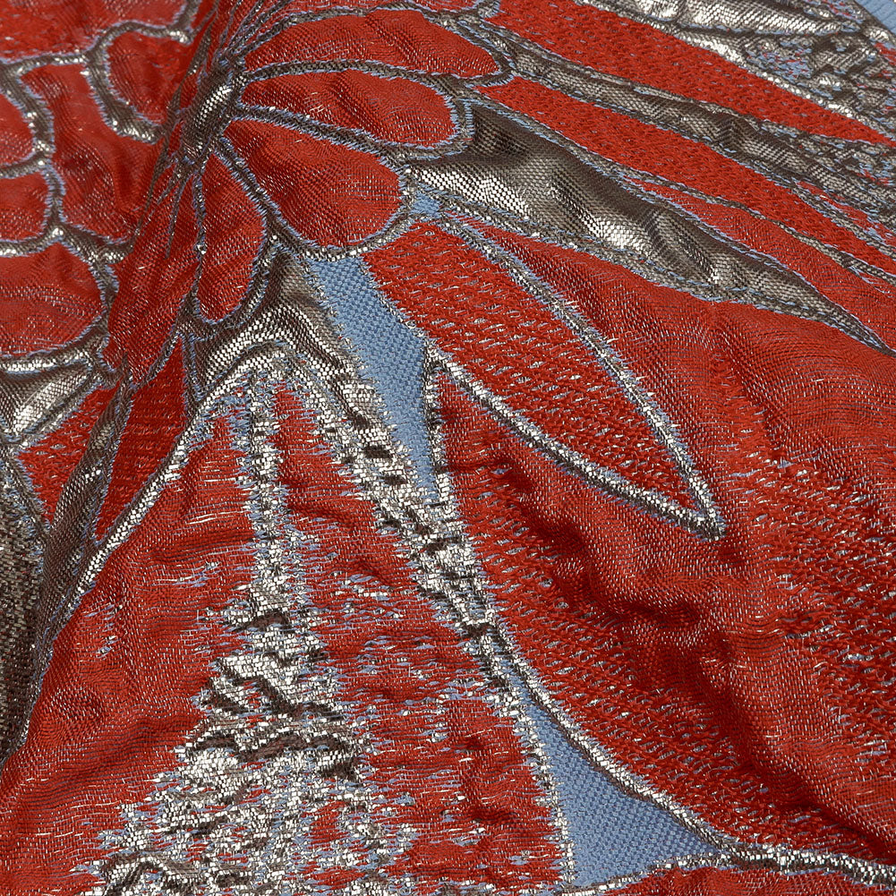 Metallic Silver, Coral and Blue Floral Luxury Brocade - Detail