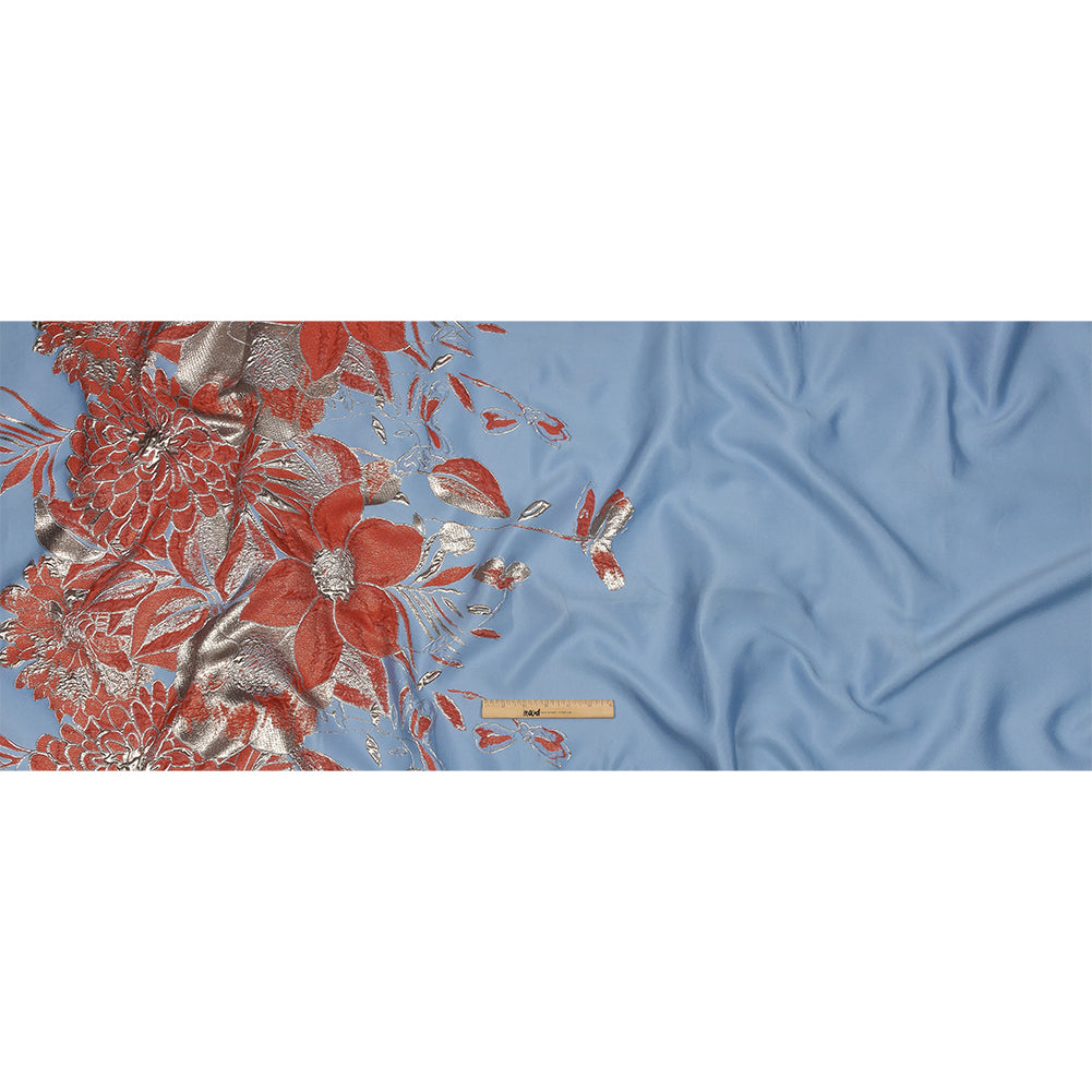 Metallic Silver, Coral and Blue Floral Luxury Brocade - Full