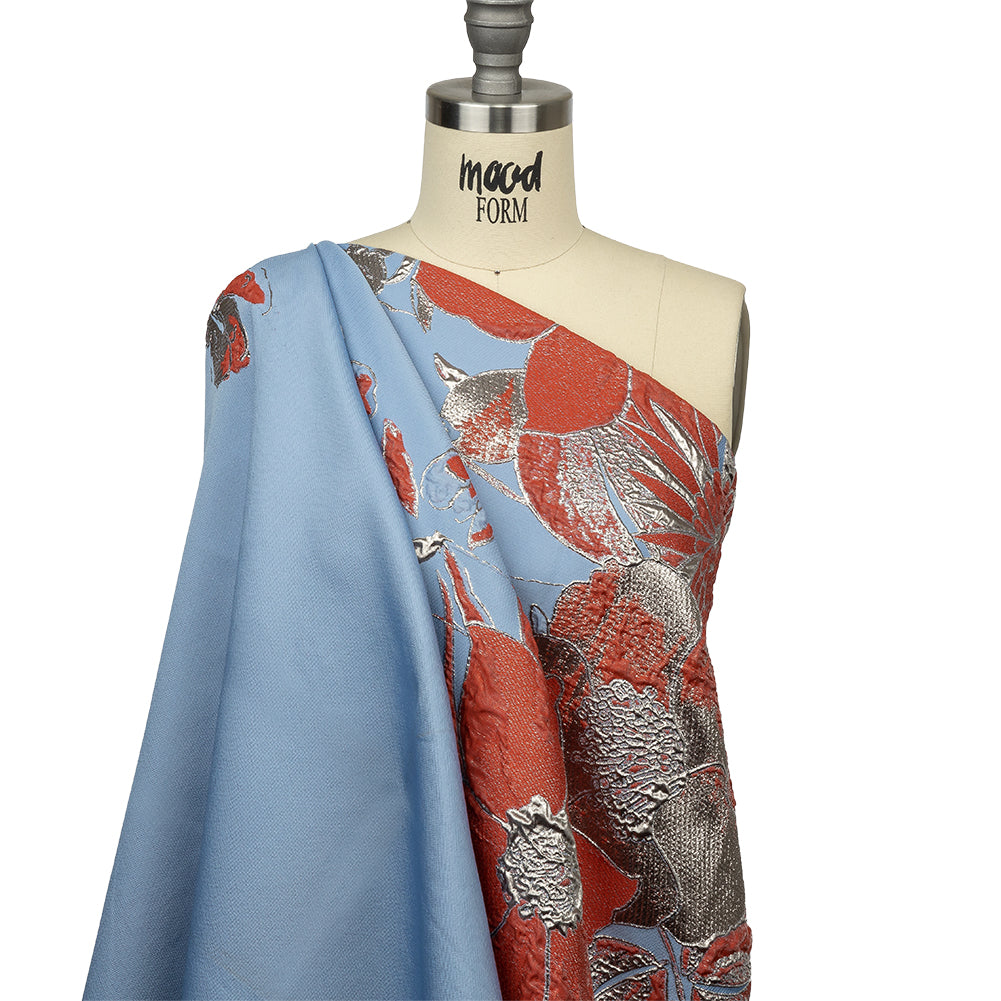 Metallic Silver, Coral and Blue Floral Luxury Brocade - Drape