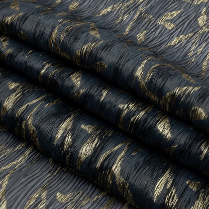 Metallic Gold and Steel Leafy Stems Luxury Plisse Brocade with Scalloped Edges