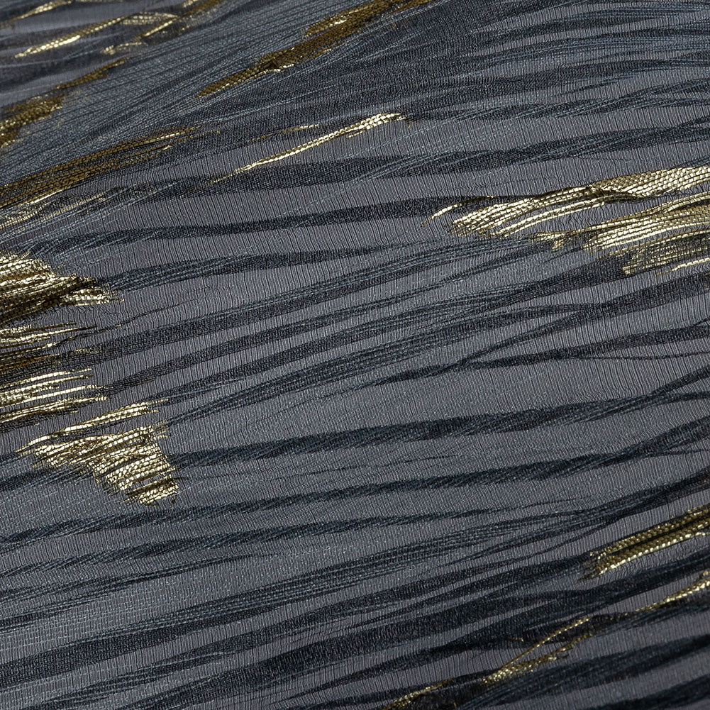 Metallic Gold and Steel Leafy Stems Luxury Plisse Brocade with Scalloped Edges - Detail