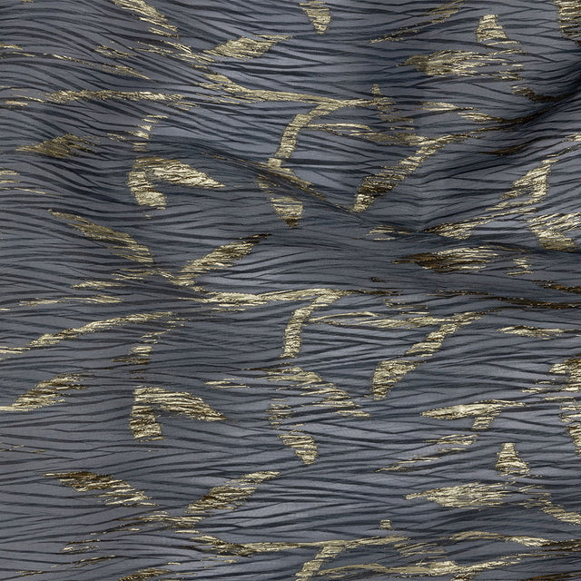 Metallic Gold and Steel Leafy Stems Luxury Plisse Brocade with Scalloped Edges