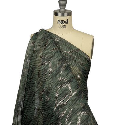 Metallic Gold and Satin Moss Leafy Stems Luxury Plisse Brocade with Scalloped Edges