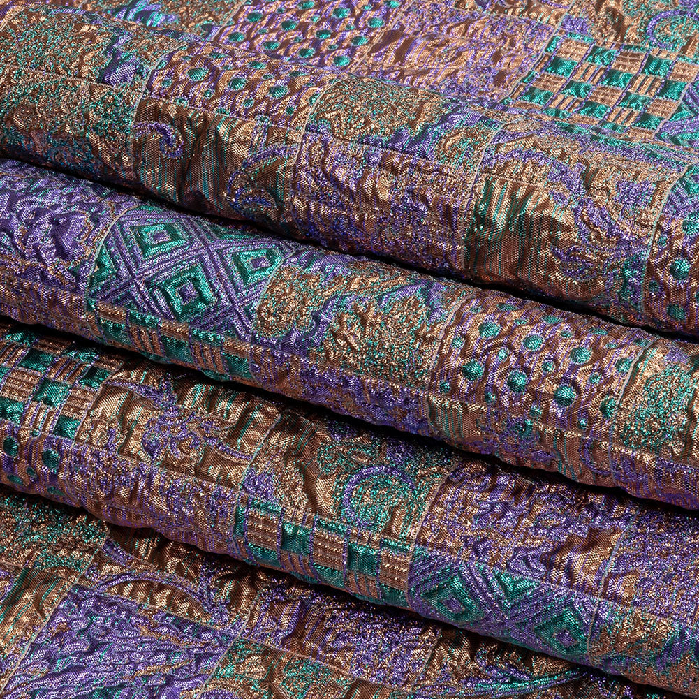 Metallic Patrician Purple, Teal Green and Gold Earth Patchwork Luxury Brocade - Folded