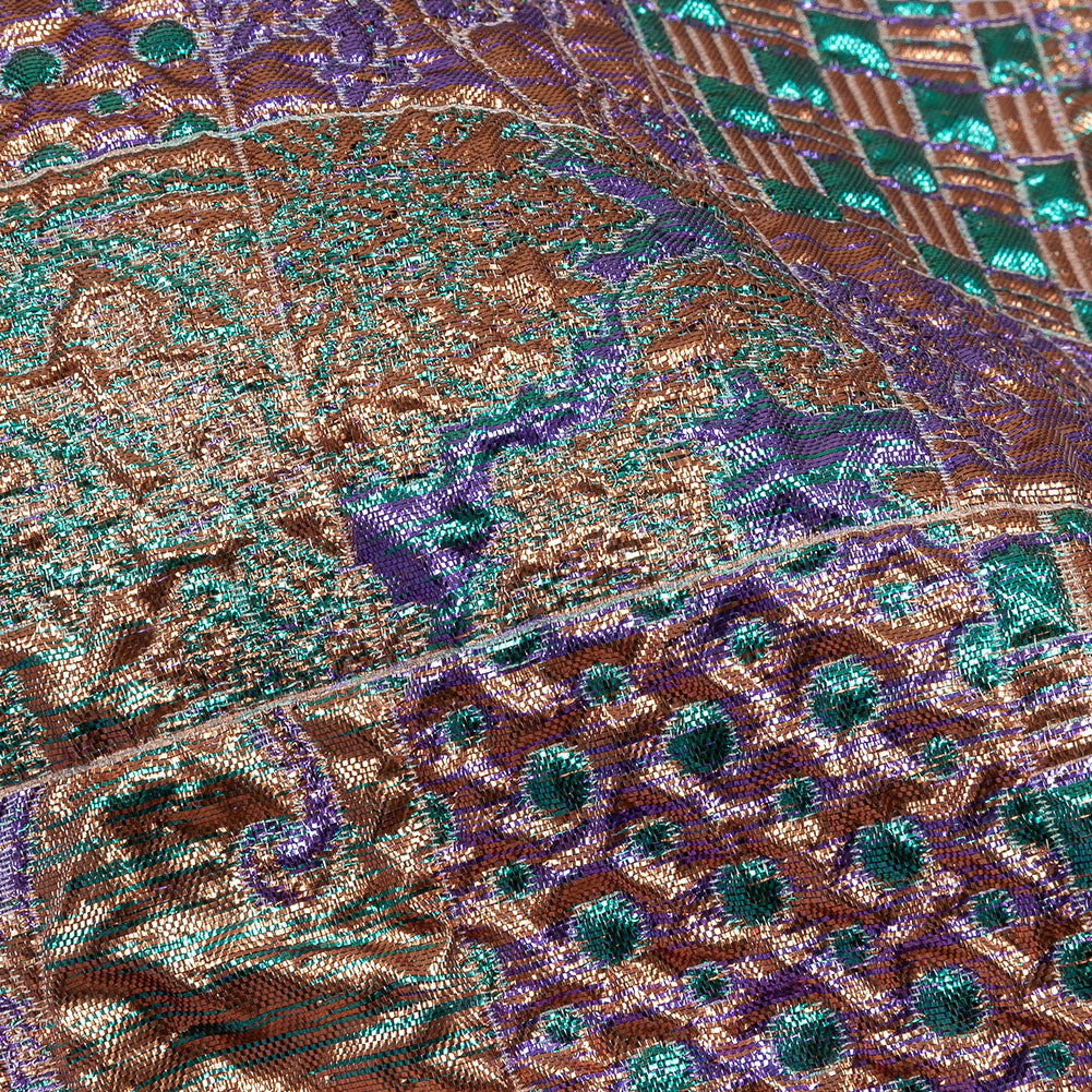 Metallic Patrician Purple, Teal Green and Gold Earth Patchwork Luxury Brocade - Detail