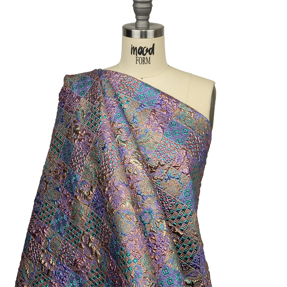 Metallic Patrician Purple, Teal Green and Gold Earth Patchwork Luxury Brocade - Drape