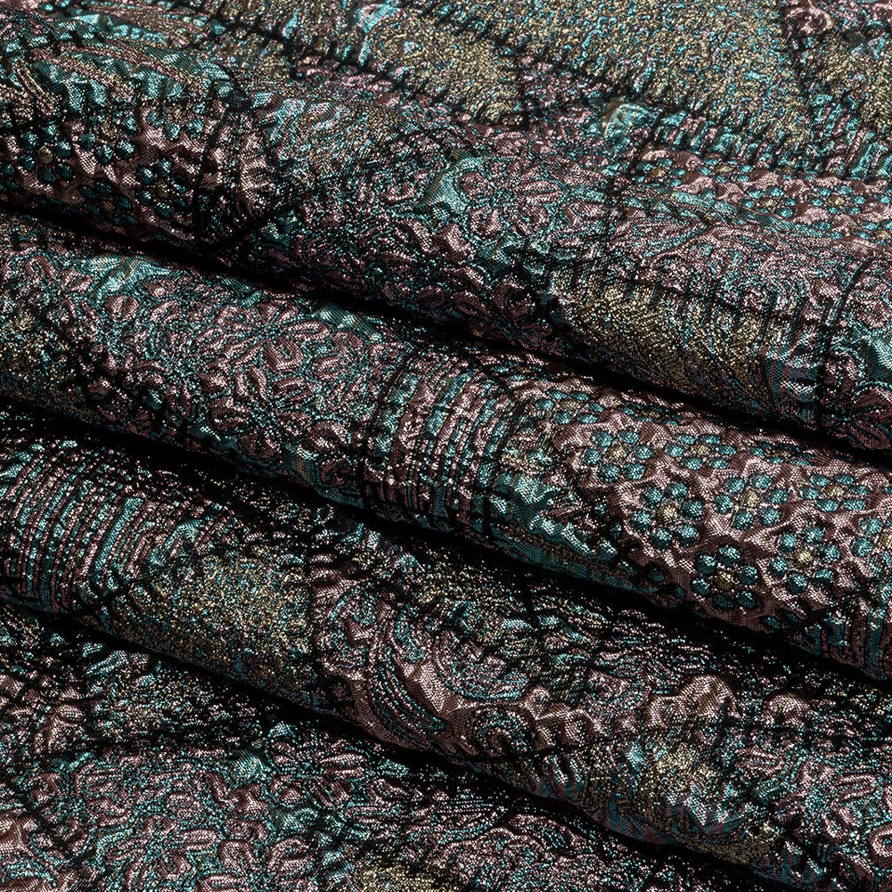 Metallic Rose Gold, Air Blue and Cream Gold Crazy Quilt Patchwork Luxury Brocade - Folded