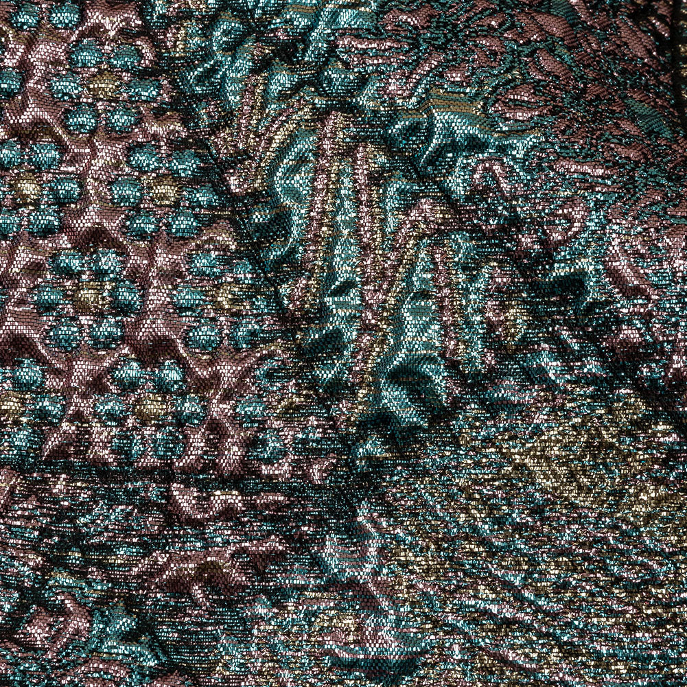 Metallic Rose Gold, Air Blue and Cream Gold Crazy Quilt Patchwork Luxury Brocade - Detail