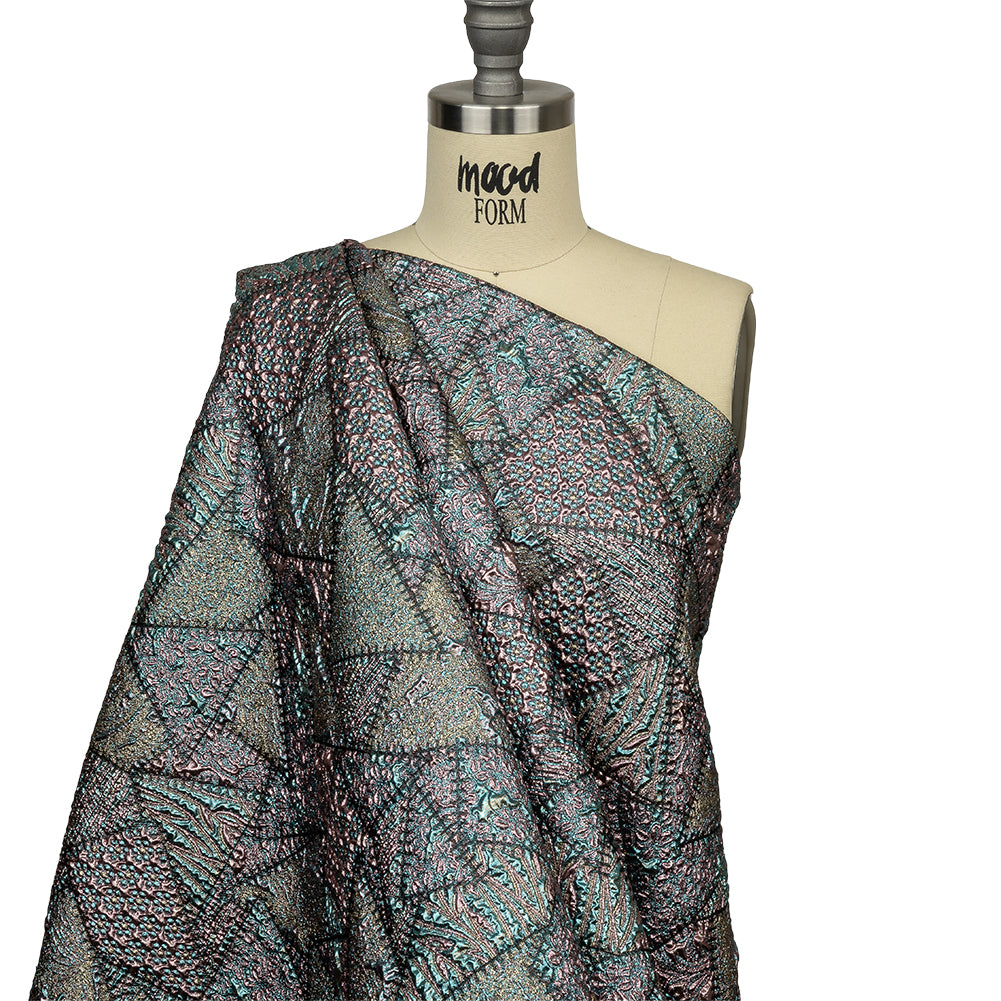 Metallic Rose Gold, Air Blue and Cream Gold Crazy Quilt Patchwork Luxury Brocade - Drape