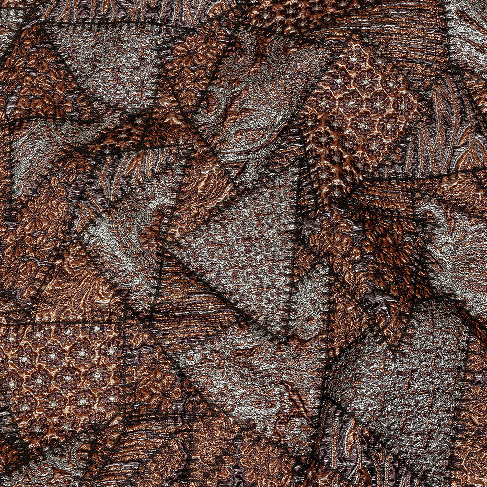 Metallic Silver, Jaffa Orange and Black Crazy Quilt Patchwork Luxury Brocade