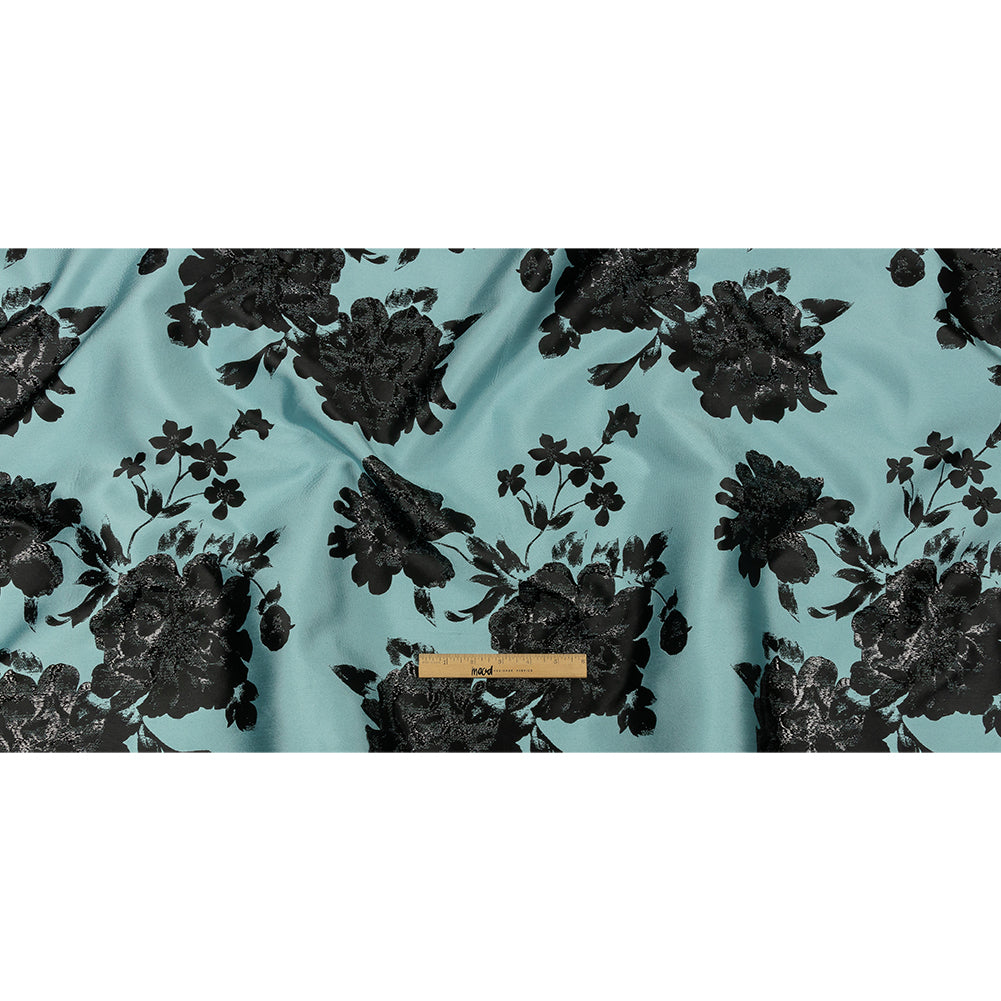 Metallic Black and Blue Fog Floral Luxury Brocade - Full