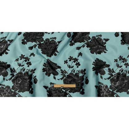 Metallic Black and Blue Fog Floral Luxury Brocade