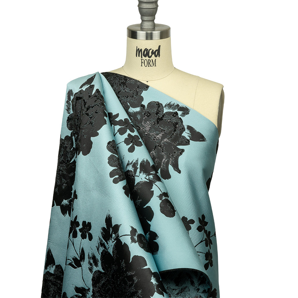 Metallic Black and Blue Fog Floral Luxury Brocade - Drape