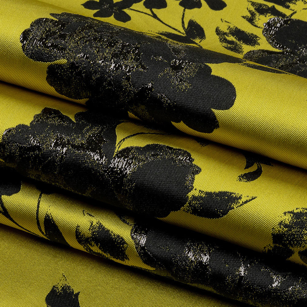 Metallic Black and Golden Ochre Floral Luxury Brocade - Folded