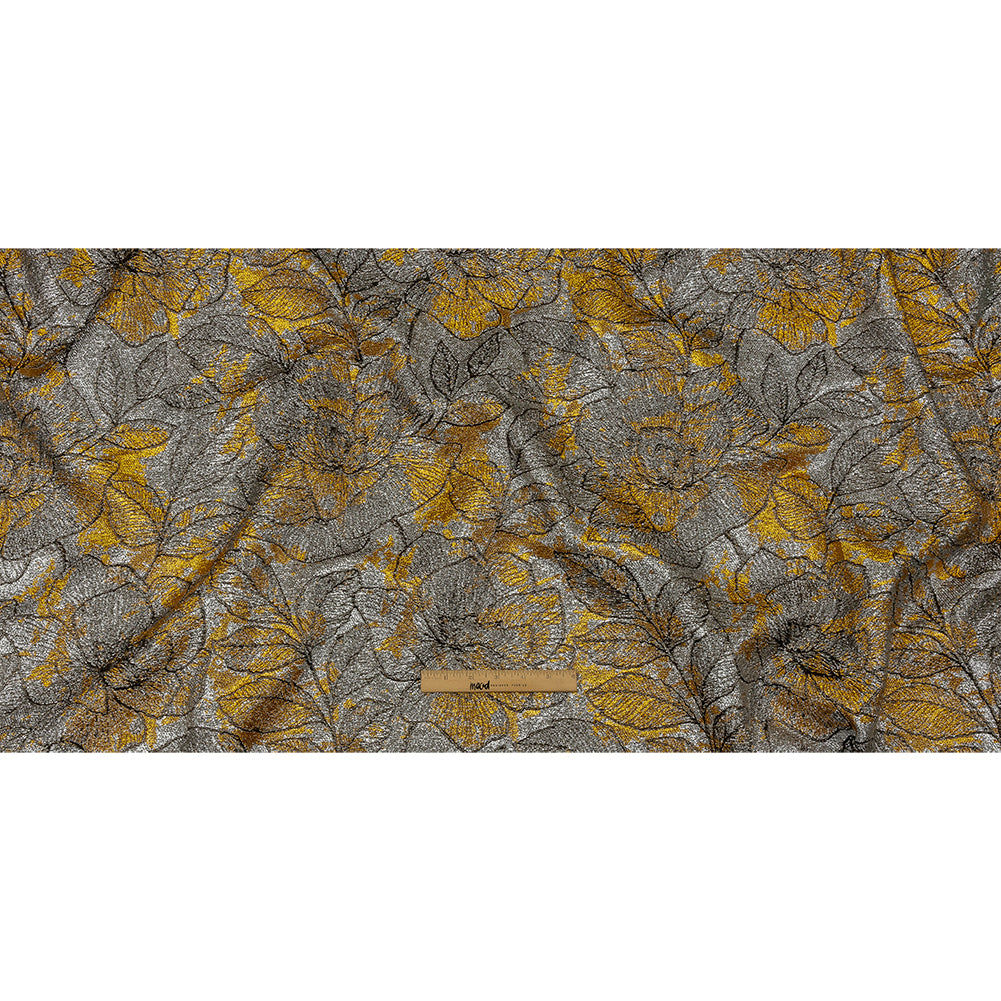 Metallic Silver, Black and Golden Yellow Rose Garden Linework Luxury Brocade