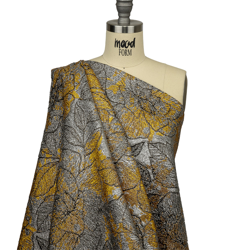 Metallic Silver, Black and Golden Yellow Rose Garden Linework Luxury Brocade