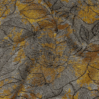 Metallic Silver, Black and Golden Yellow Rose Garden Linework Luxury Brocade