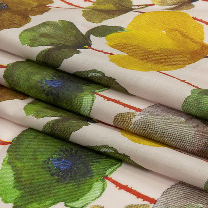 Lime, Olive and Red Orange Painterly Blooms Cotton Lawn