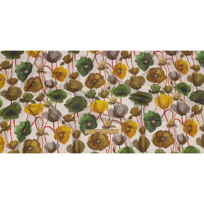 Lime, Olive and Red Orange Painterly Blooms Cotton Lawn