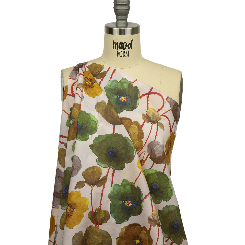 Lime, Olive and Red Orange Painterly Blooms Cotton Lawn