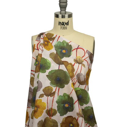 Lime, Olive and Red Orange Painterly Blooms Cotton Lawn