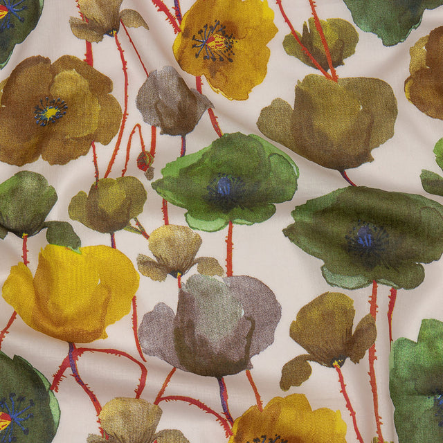 Lime, Olive and Red Orange Painterly Blooms Cotton Lawn