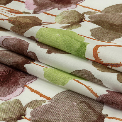 Lime, Burgundy and Orange Painterly Blooms Cotton Lawn