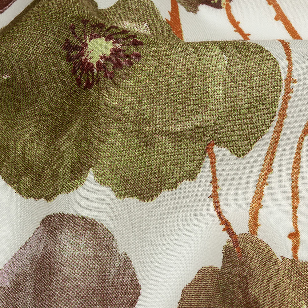 Lime, Burgundy and Orange Painterly Blooms Cotton Lawn - Detail