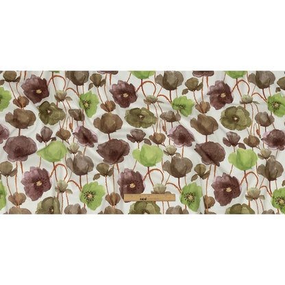 Lime, Burgundy and Orange Painterly Blooms Cotton Lawn