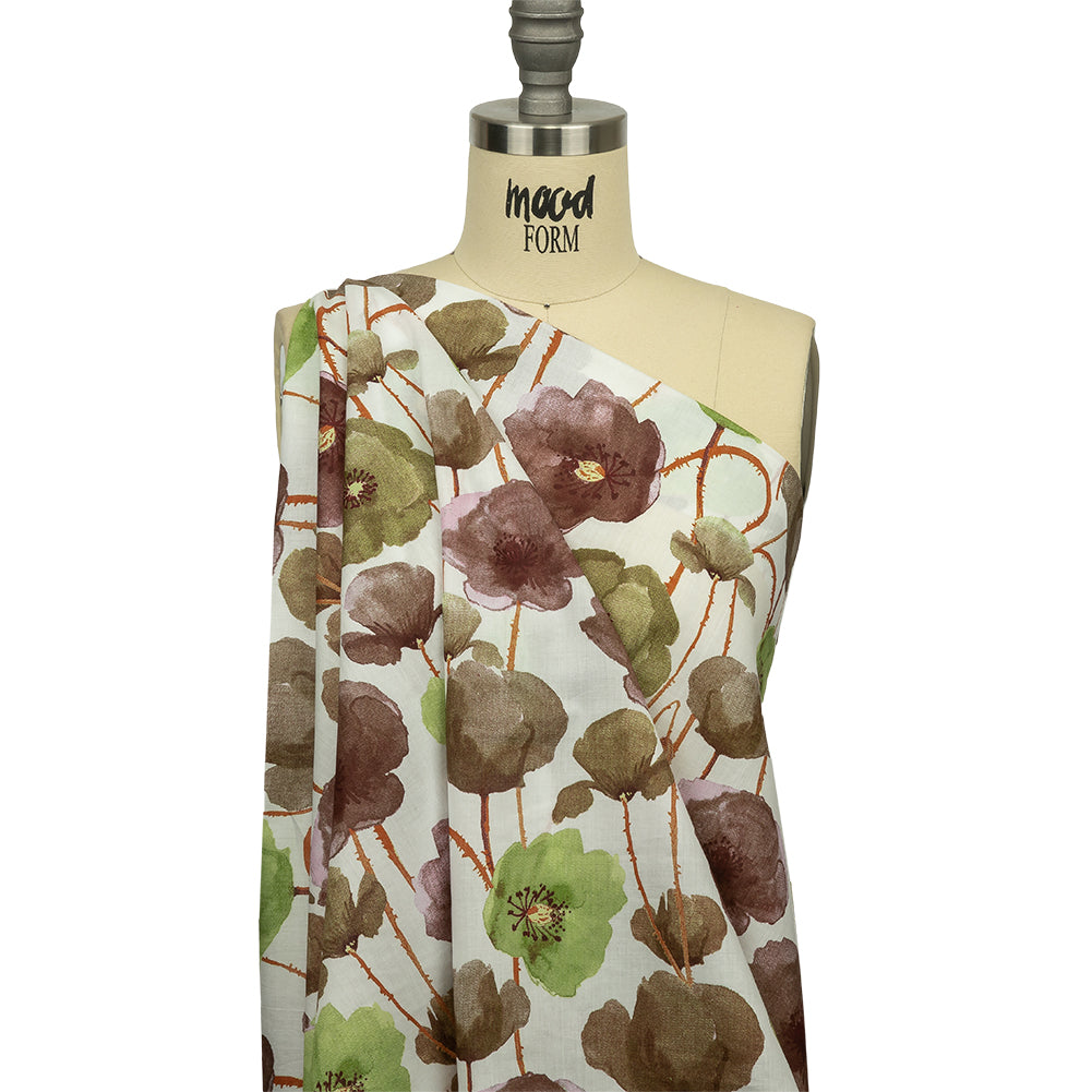 Lime, Burgundy and Orange Painterly Blooms Cotton Lawn - Drape