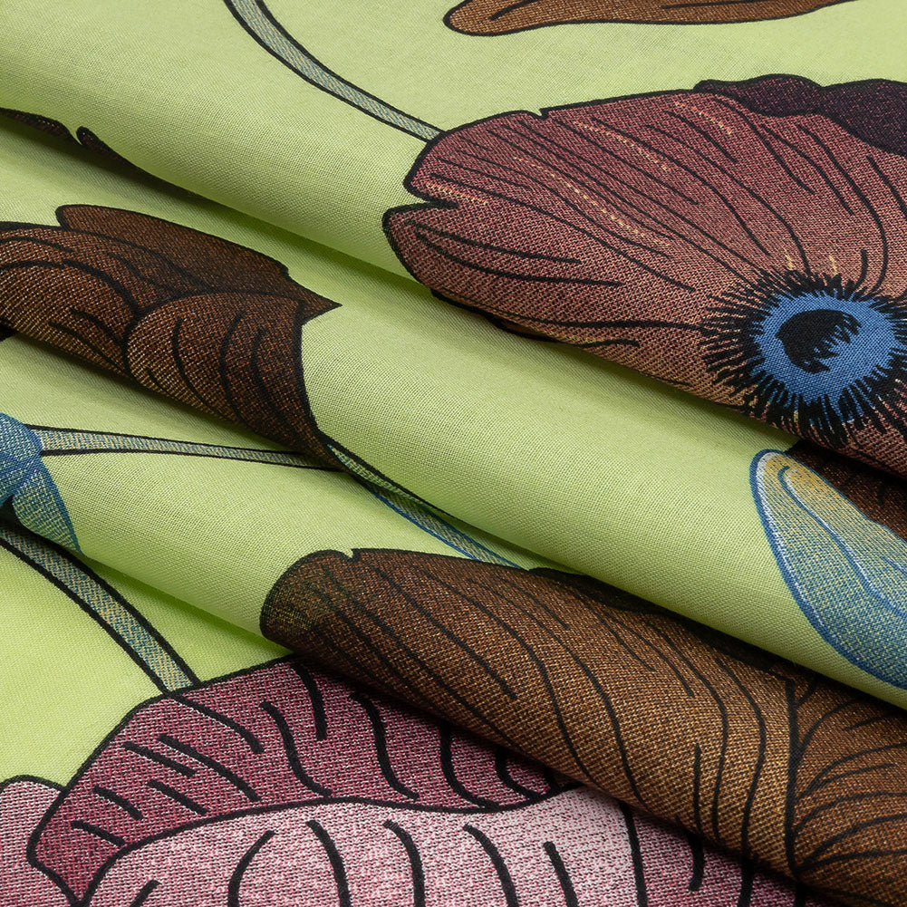 Plum, Brown and Leaf Green Big Poppies Cotton Lawn - Folded