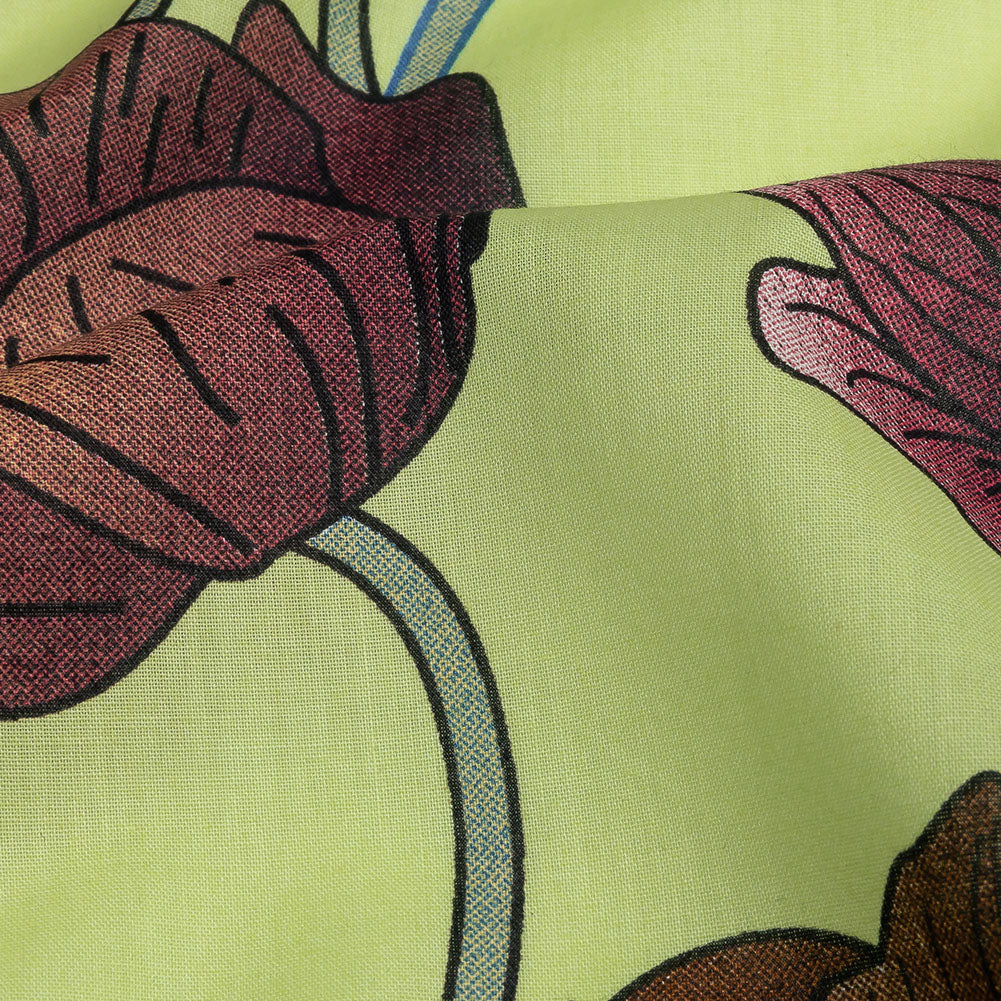 Plum, Brown and Leaf Green Big Poppies Cotton Lawn - Detail