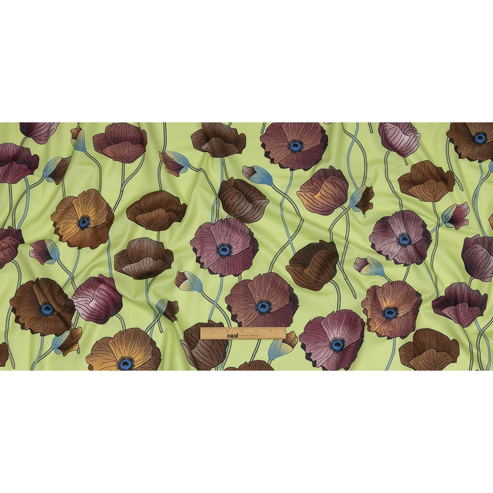 Plum, Brown and Leaf Green Big Poppies Cotton Lawn - Full