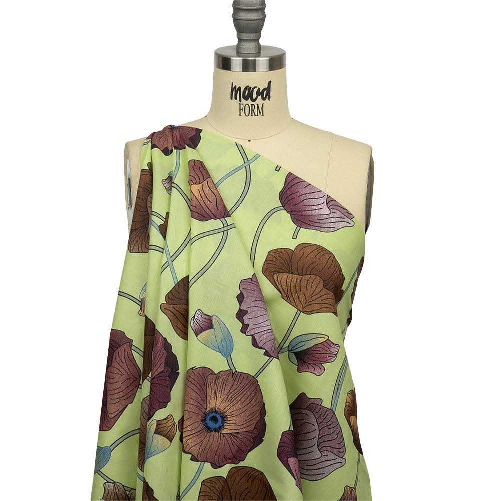 Plum, Brown and Leaf Green Big Poppies Cotton Lawn - Drape