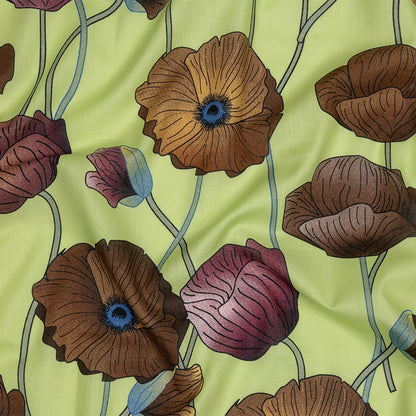 Plum, Brown and Leaf Green Big Poppies Cotton Lawn