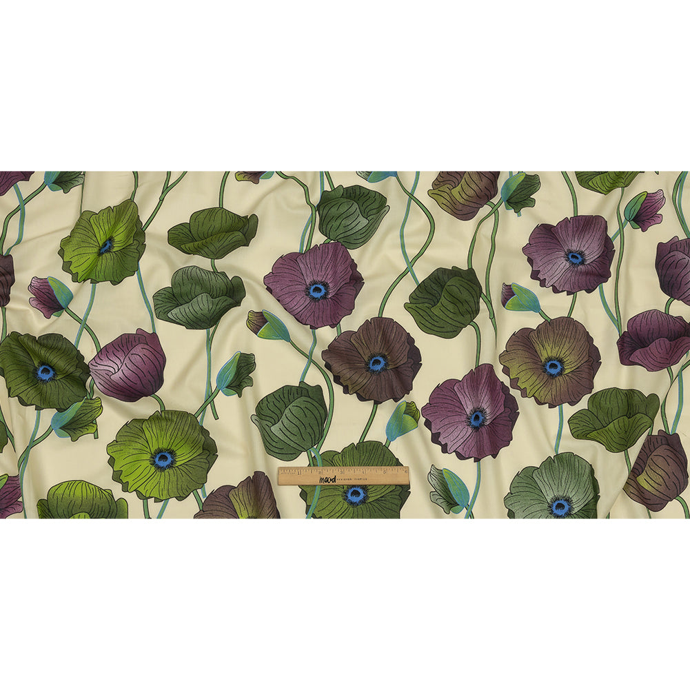 Beige, Green and Plum Big Poppies Cotton Lawn - Full