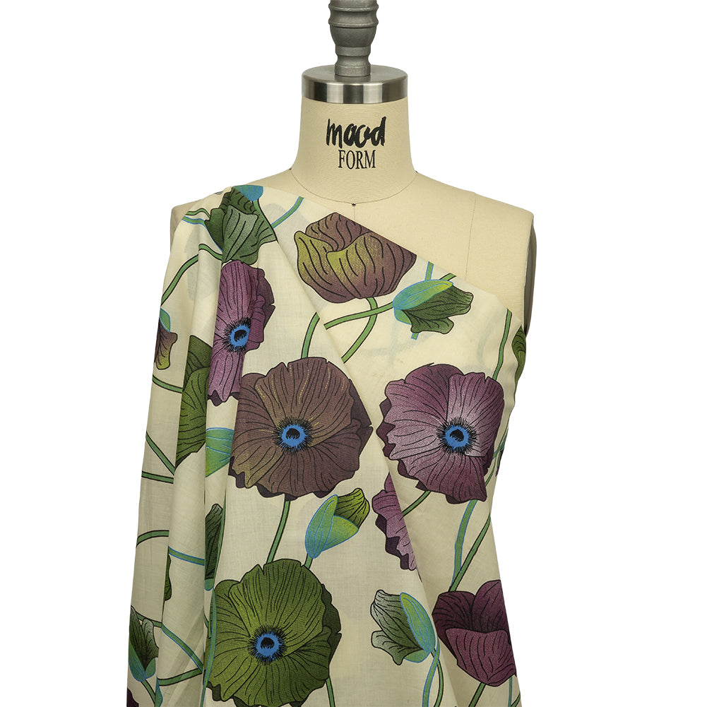 Beige, Green and Plum Big Poppies Cotton Lawn - Drape