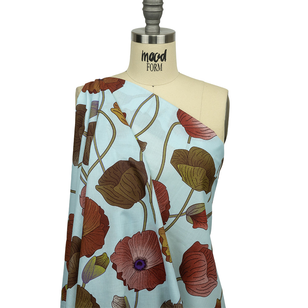 Sky, Olive and Red Big Poppies Cotton Lawn