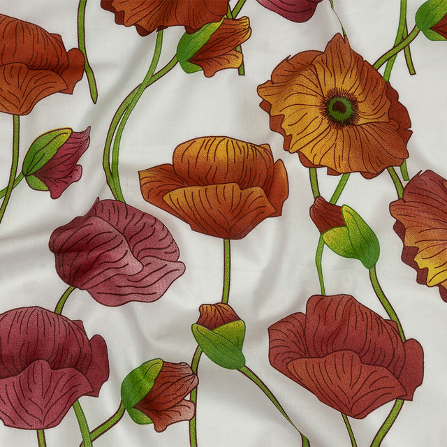 Red, Orange and Green Big Poppies Cotton Lawn