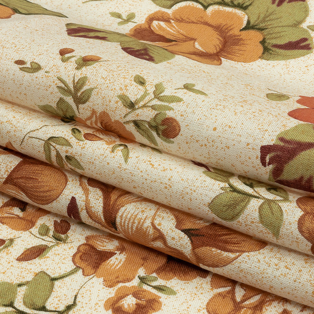 Cream, Cinnamon, and Green Floral Medium Weight Linen Woven - Folded