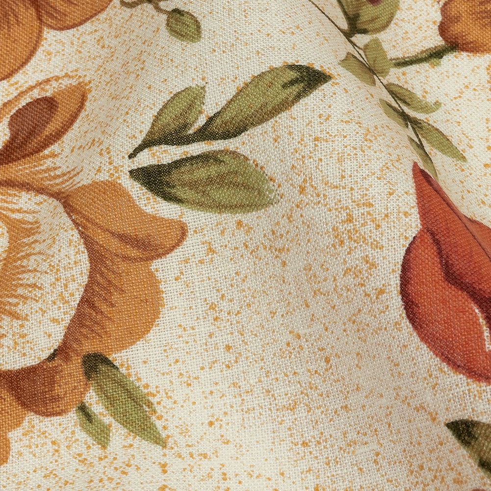 Cream, Cinnamon, and Green Floral Medium Weight Linen Woven - Detail
