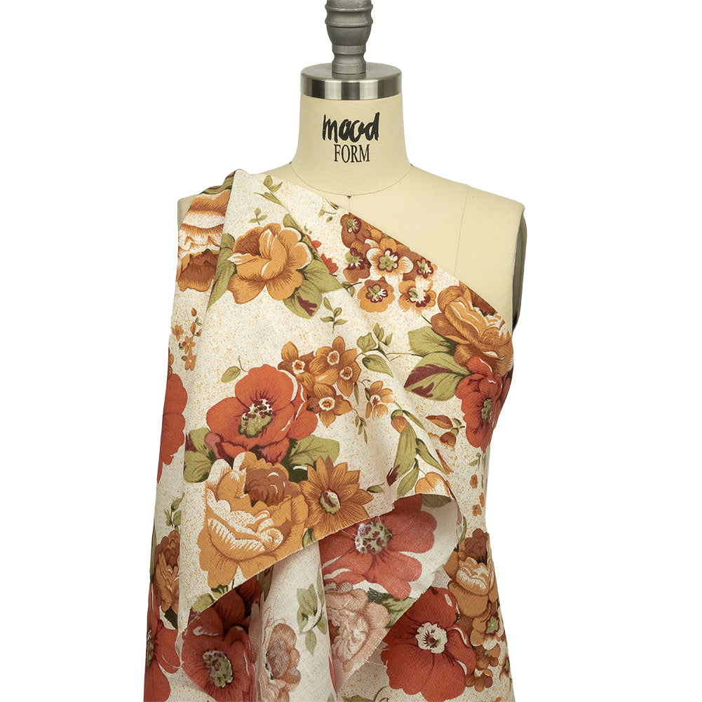 Cream, Cinnamon, and Green Floral Medium Weight Linen Woven - Drape