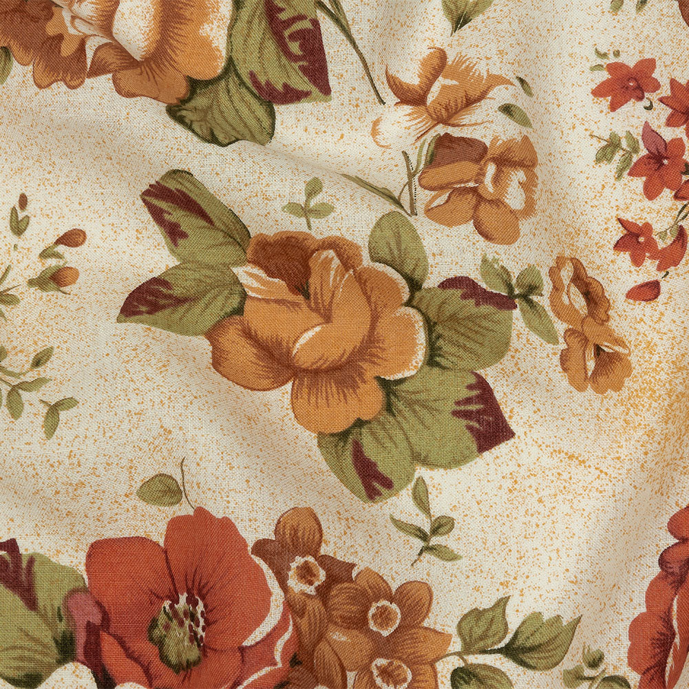 Cream, Cinnamon, and Green Floral Medium Weight Linen Woven